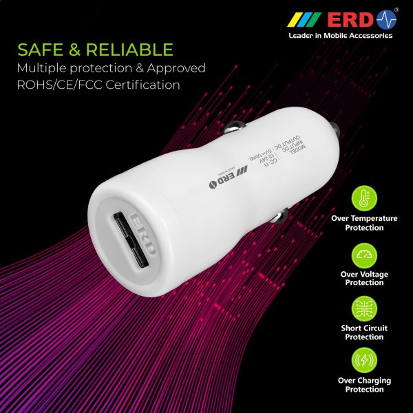 ERD CC-11 5V / 1 Amp USB Car Charger + Free 1 Meter Long USB Cable (White) 8