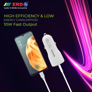 ERD CC-21 5V / 2 Amp USB Car Charger + Free 1 Meter Long USB Cable (White)