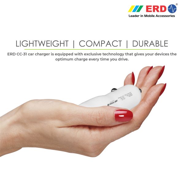 ERD CC-31 5V / 3 Amp USB Car Charger + Free 1 Meter Long USB Cable (White) 8