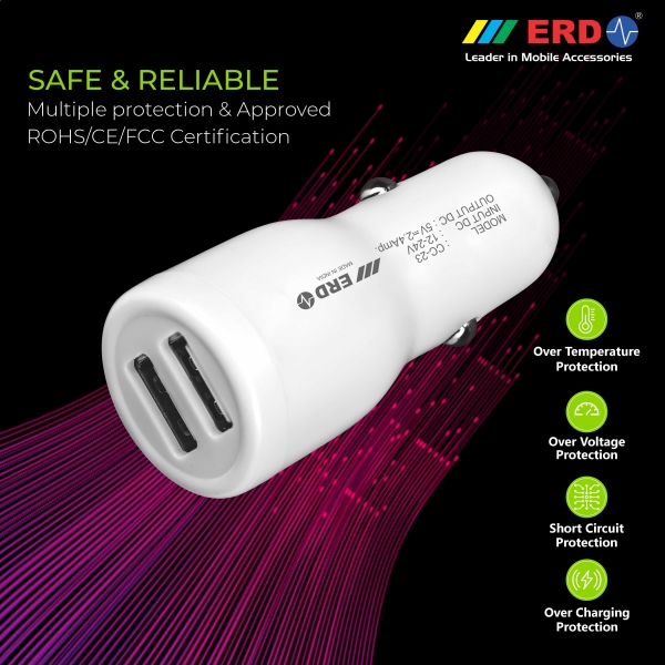 ERD CC-23 5V / 2.4 Amp Dual Port USB Car Charger + Free 1 Meter Long USB Cable (White) 8