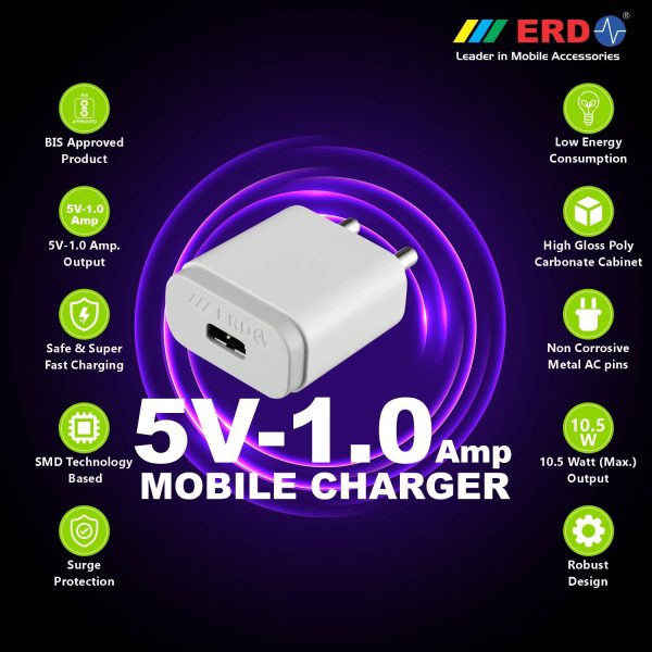 ERD TC-11 5V / 1 Amp Fast Charging USB Adapter (White) 2