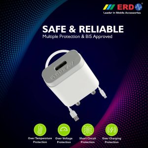 ERD TC-24 12W Mobile Phone Wall Charger | BIS Certified 2.4 Amp Charger Adapter with 1 Meter Long Type C Data Cable (White)