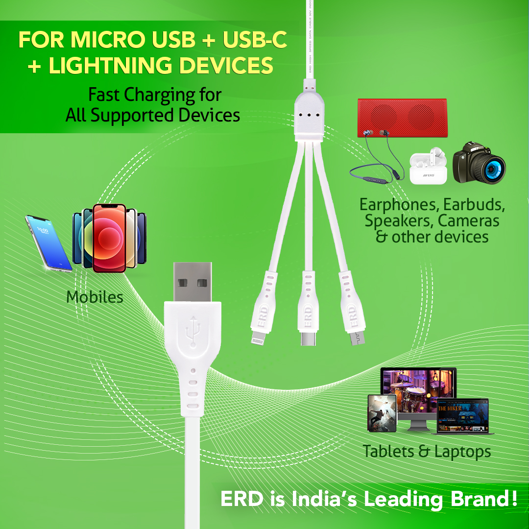 ERD UC-81 Multi USB Cable (3 in 1 USB-A to Micro USB + USB-C + Lightning, White) 5