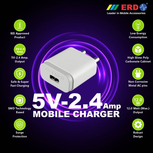 ERD TC-24 5V / 2.4 Amp Fast Charging USB Adapter (White) BIS Certified