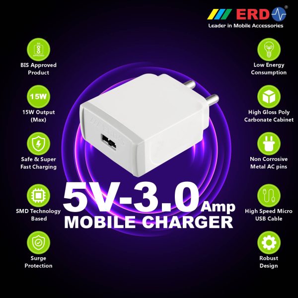 ERD TC-31 5V Mobile Phone Wall Charger | BIS Certified 3 Amp USB Dock with 1 Meter Long Micro USB Cable (White) 2