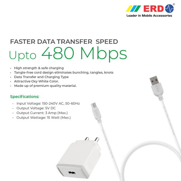 ERD TC-31 5V Mobile Phone Wall Charger | BIS Certified 3 Amp USB Dock with 1 Meter Long Micro USB Cable (White) 3