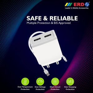 ERD TC-32 5V / 3 Amp Dual Port Fast Charging USB Adapter with 1 Meter Long Micro USB Cable (White) BIS Certified
