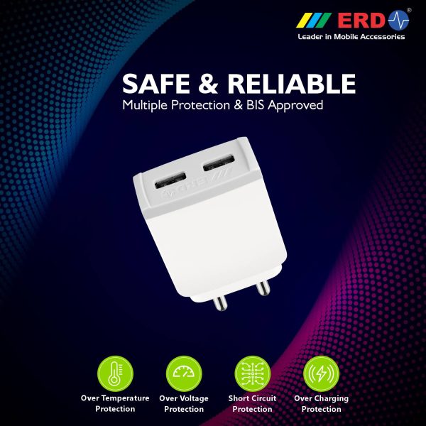 ERD TC-32 5V / 3 Amp Dual Port Fast Charging USB Adapter (White) BIS Certified 7