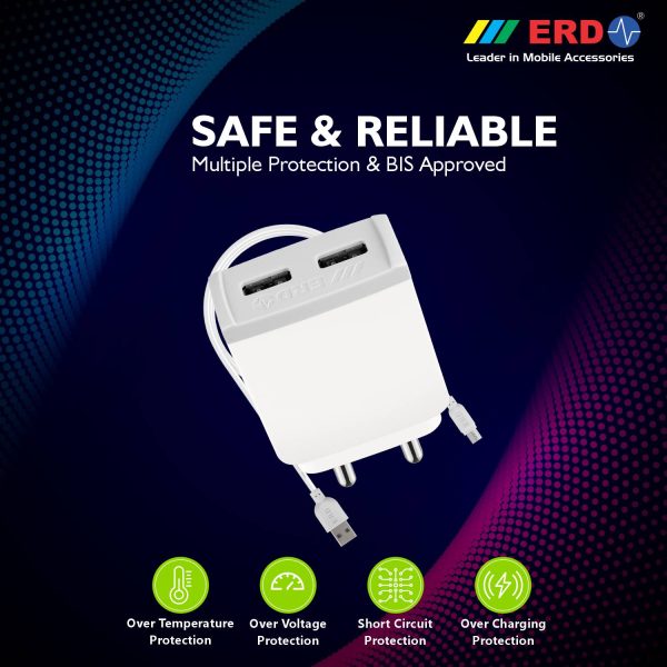 ERD TC-42 5V / 4 Amp Dual Port Fast Charging USB Adapter with 1 Meter Long Micro USB Cable (White) BIS Certified
