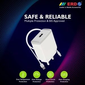 ERD TC-45 Supports 5V / 3 Amp; 9V /2 Amp; 12V / 1.5Amp Fast Charging USB Adapter with 1 Meter Long USB Cable (White) BIS Certified