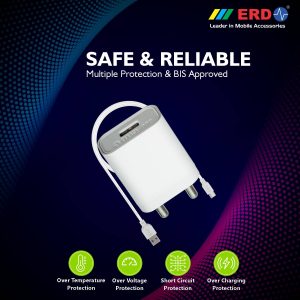 ERD TC-50 5V / 2 Amp Fast Charging USB Adapter with 1 Meter Long USB Type C Cable (White) BIS Certified