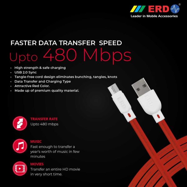 ERD UC-20R 2.4 Amp Fast Charging Extra Tough Unbreakable 1 Meter Long Micro USB Cable (Red) 4