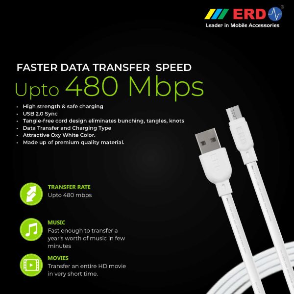 ERD UC-20 2.4 Amp Fast Charging Extra Tough Unbreakable 1 Meter Long Micro USB Cable (White) 4