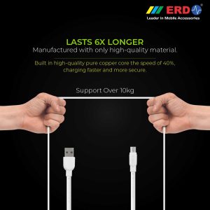 ERD UC-20 2.4 Amp Fast Charging Extra Tough Unbreakable 1 Meter Long Micro USB Cable (White)