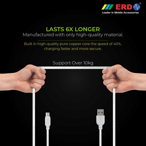ERD UC-21 2.4 Amp Fast Charging Extra Tough Unbreakable 1 Meter Long Micro USB Cable (White)