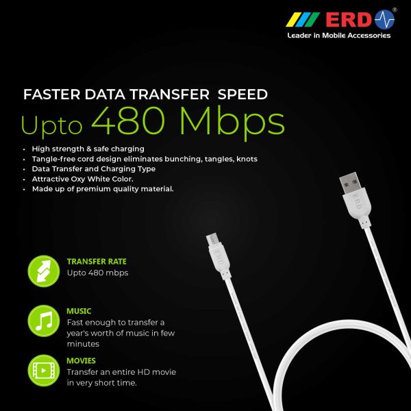 ERD UC-23 2.4 Amp Fast Charging Extra Tough Unbreakable 2 Meters Long Micro USB Cable (Oxy-White) 5