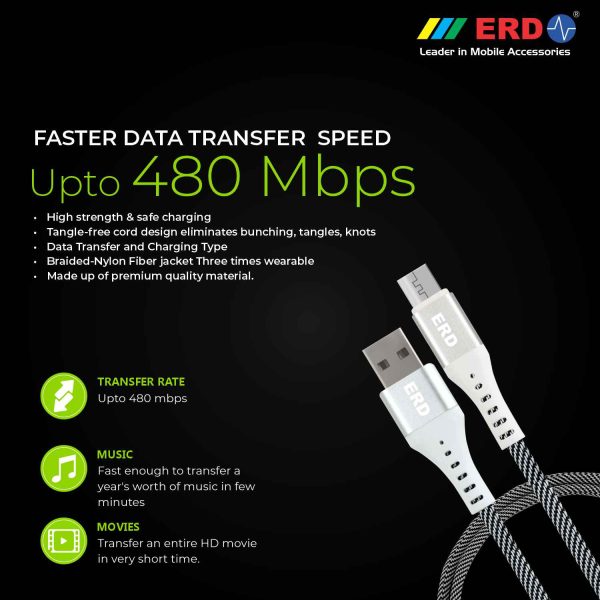 ERD UC-25 2.4 Amp Fast Charging Metal Casing Braided Unbreakable 1 Meter Long Micro USB Cable (White) 5