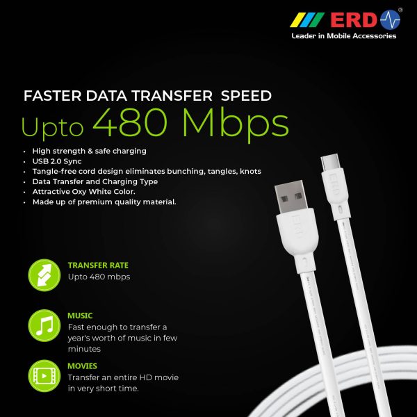 ERD UC-30 3 Amp Fast Charging Extra Tough Unbreakable 1 Meter Long USB Type C Cable (White) 5
