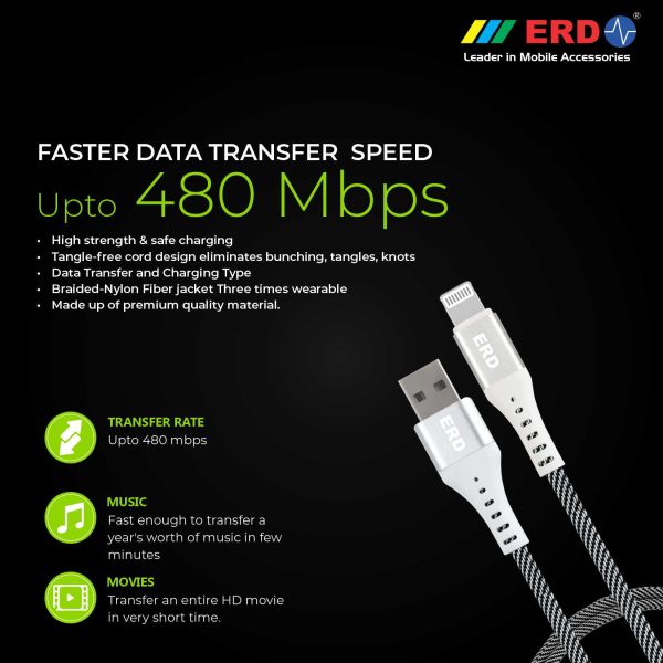 ERD UC-45 2 Amp Fast Charging Metal Casing Braided Unbreakable 1 Meter Long Lightning Cable (White) 4