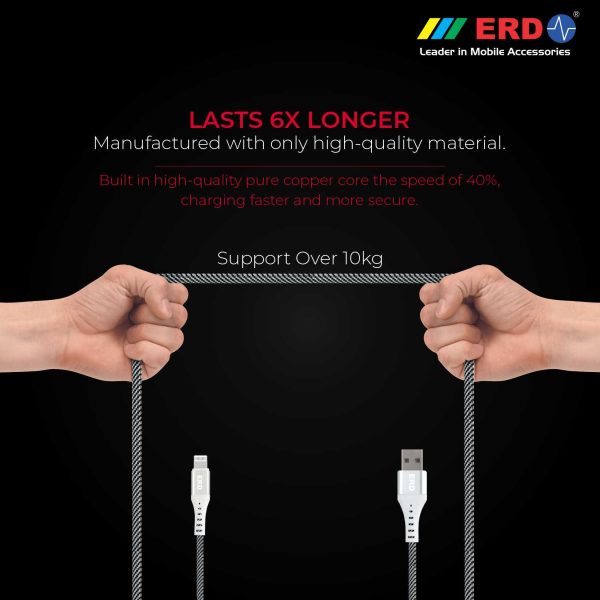 ERD UC-45 2 Amp Fast Charging Metal Casing Braided Unbreakable 1 Meter Long Lightning Cable (White)