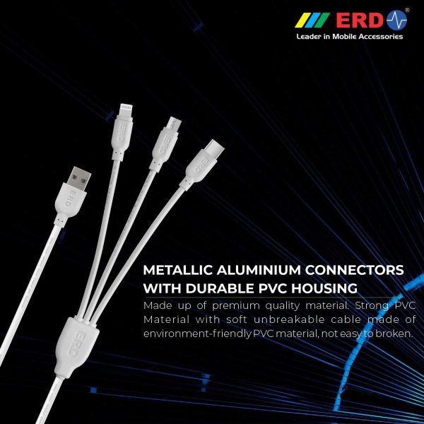 ERD UC-91 2 Amp Fast Charging Extra Tough Unbreakable 1 Meter Long USB to (Micro USB + USB Type C + Lightning) Cable (White) 5