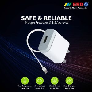 ERD TC-21 Micro USB Charger 2 Amp Mobile Charger with Detachable Cable (White, Cable Included)