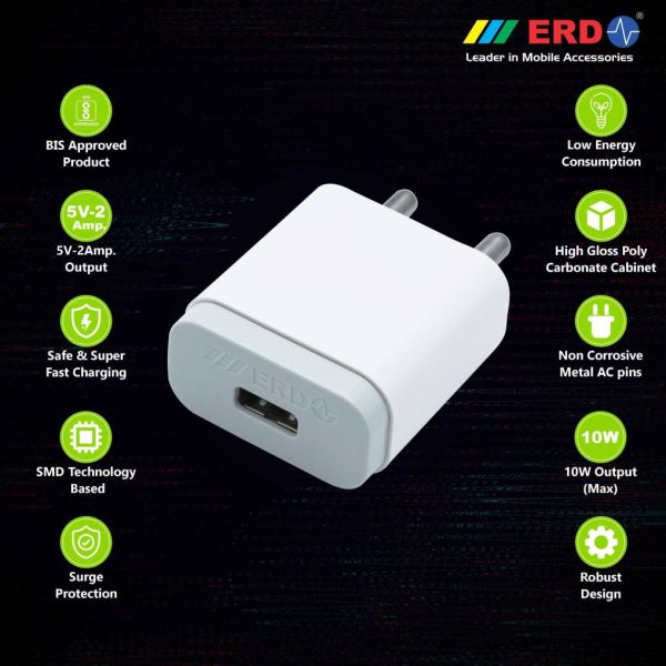ERD TC-21 Micro USB Charger 2 Amp Mobile Charger with Detachable Cable (White, Cable Included) 2