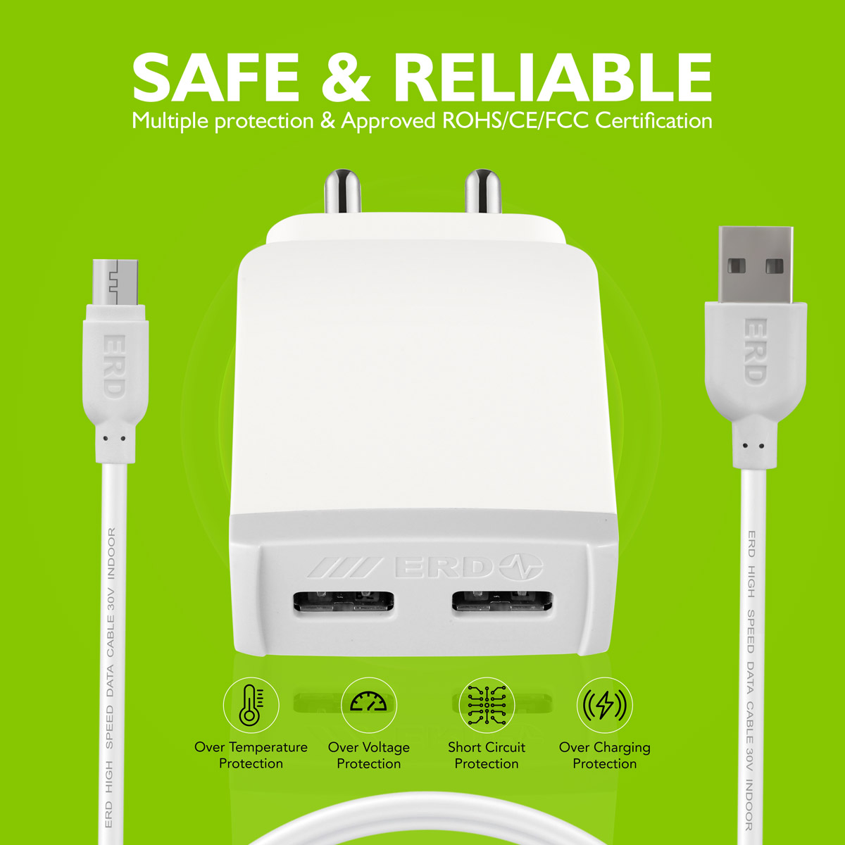 ERD TC-26 2.4 Amp Dual Micro USB Charger with Detachable Cable (White) 3