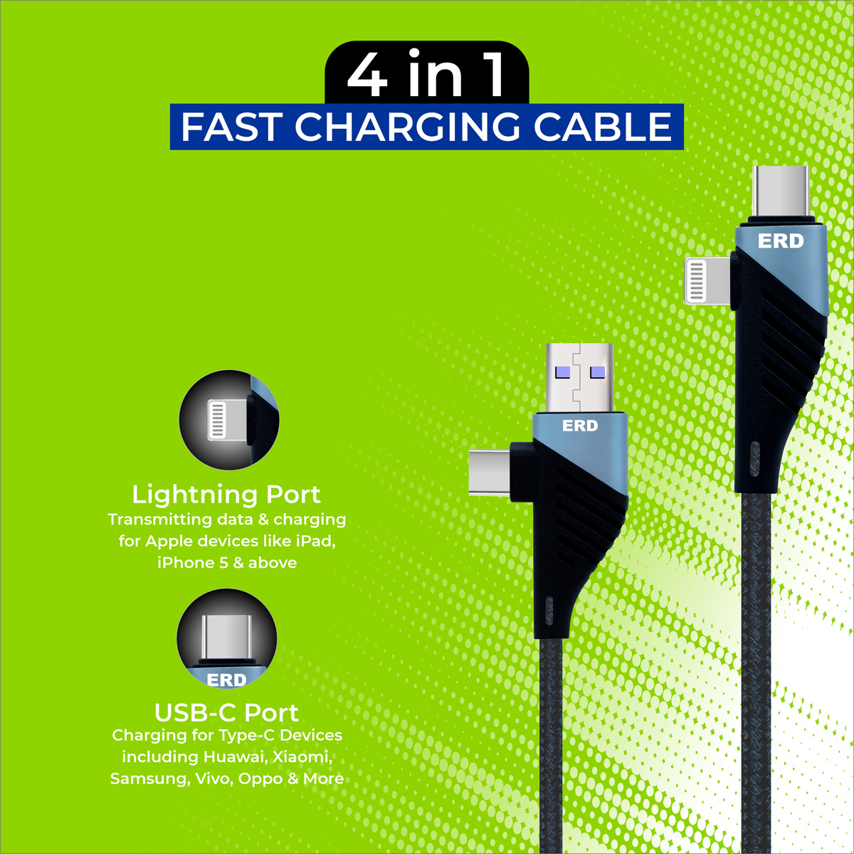 ERD UC-100 Fast Charging Extra Tough 1 Meter Long 4 in 1 (USB to USB-C + USB to Lightning + USB-C to USB-C+ USB-C to Lightning) Braided Metal Data Cable (Grey-Black) 4